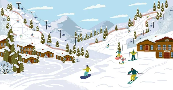 Estación de esquí con esquiadores, teleféricos, remontes, ilustración vectorial. Vacaciones de invierno y actividad deportiva. Temporada de invierno paisaje de montaña con alpes chalet. Esquí de montaña, snowboard, pista de descenso — Archivo Imágenes Vectoriales