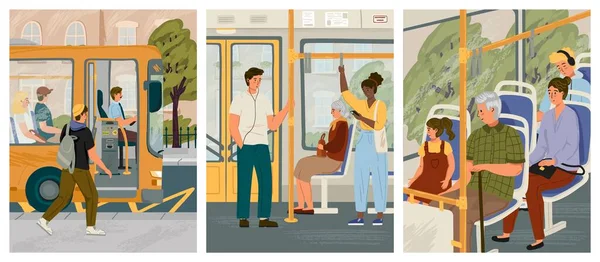 Emberek a buszvektor plakátokon. Városi tömegközlekedés belső, ülő és álló utasok. Az emberek busszal járnak. — Stock Vector