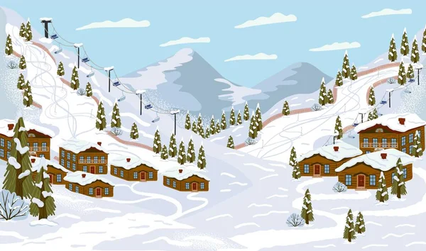 Skigebied met skipiste, kabelbanen, skiliften, vectorillustratie. Wintervakantie en sportieve activiteiten. Winterseizoen berglandschap met alpenchalet. — Stockvector