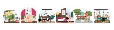 Ev, ofis, kafe, cadde, akıllı telefon, internet, sosyal medya bağımlılığı, vektör kullanan insanlar.