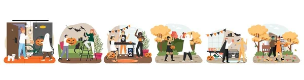 Conjunto de escena de fiesta de Halloween, ilustración vectorial. Gente bailando con disfraces de carnaval, niños engañando o tratando. — Vector de stock