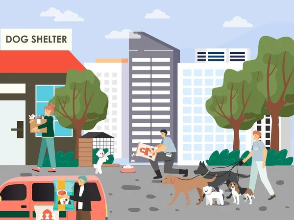 Volontari che nutrono, camminano, si prendono cura di cani e gatti senzatetto in un rifugio per animali domestici, illustrazione vettoriale. Volontariato. — Vettoriale Stock