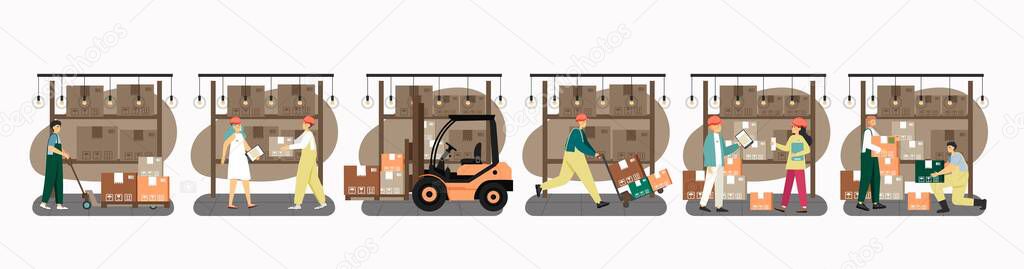 Merchandise warehouse workers, loaders, forklift, loading cart, cardboard boxes. Storage services, vector illustration.