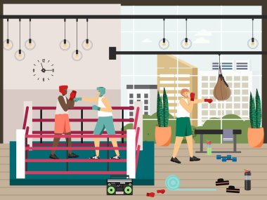 Boksör sporcular spor salonunda kum torbası eğitiyorlar ve boks ringinde dövüşüyorlar, vektör illüstrasyonu. Dövüş sporu, dövüş.