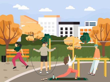 Sporcular parkta spor yapıyor, oyun parkında. Boxer caddesi açık hava antrenmanı. Koşu, esneme, ip atlama, vektör.