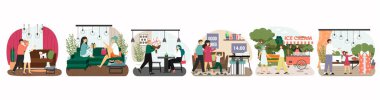 Mutlu insanlar hediyeler, çiçekler, vektör illüstrasyonları verirler ve alırlar. Sürpriz doğum günü, diğer tatil hediyeleri..