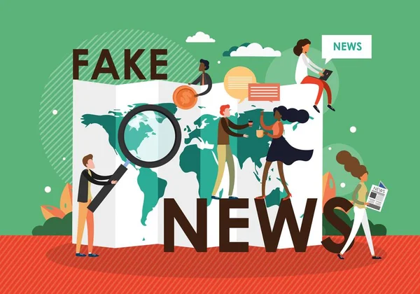 Falsas noticias y fabricación de información. Gente leyendo noticias falsas de periódicos, publicaciones en redes sociales, sitios web, vectores. — Vector de stock