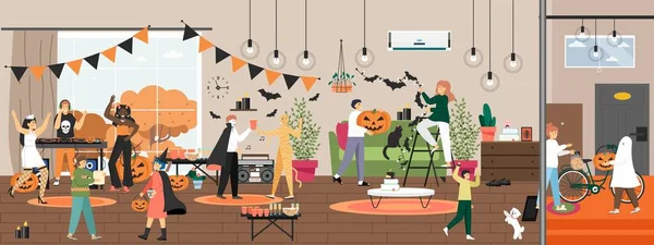 Halloween fiesta preparación y celebración escena conjunto, vector de ilustración. Decoración casera, fiesta de baile, truco o trato — Vector de stock