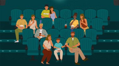 Sinemada film seyreden ve konser salonundaki sandalyelerde oturan insanlar. Konsept vektör el çizimi çizimi. Çift, çocuklu aile, erkek ve kadın film izleyip patlamış mısır yiyor.