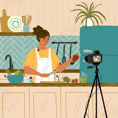 Yemek video blogcusu yemek pişiriyor ve canlı yayın yapıyor. Kadın şef video blogunda tarif gösteriyor. Yemek kursu ve video dersi. Çizgi film karakteri ile vektör illüstrasyonu. Ev mutfak stüdyosu
