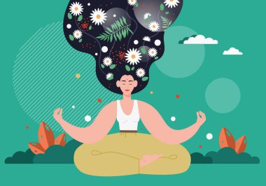 Kadın doğada meditasyon yapıyor, vektör çizimi. Yoga pozisyonunda oturan bir kız. Farkındalık, rahatlama, zen, uyum.