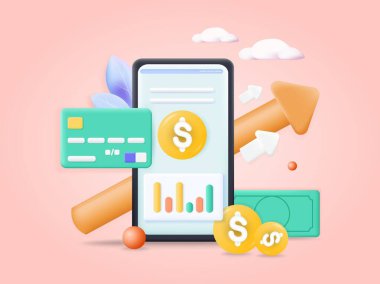 Haritalı akıllı telefon, banka kartı, artan ok, para, üç boyutlu vektör çizimi. Finansal büyüme, finans geliri.