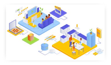 Baba, anne, çocuk televizyon izler, evde birlikte kurabiye yaparız, düz vektör izometrik çizim. Aile eğlencesi aktivitesi