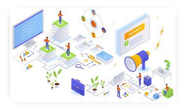 İstihdam, vektör izometrik çizim. Ücretsiz boşluk, özgeçmiş, kariyer, insan kaynakları, adam toplama, iş arama.