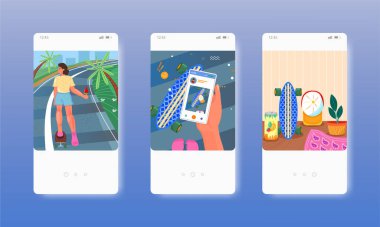 Kaykay süren bir kadın. Hobi, spor aktivitesi. Mobil uygulama ekranları, vektör web sitesi pankart şablonu. UI, web sitesi tasarımı.