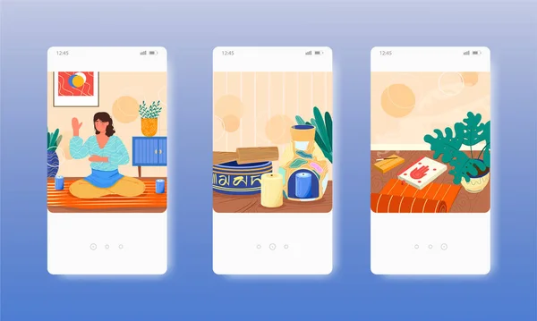 Жінка медитує, сидячи в позі лотоса. Мобільний екран додатків, векторний вебсайт шаблон. UI, веб-дизайн. — стоковий вектор
