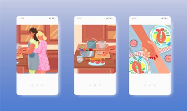 Kızına sarılmak, anneye yemek pişirmek, mobil uygulama ekranları, vektör web sitesi afiş şablonu. UI, web sitesi tasarımı.