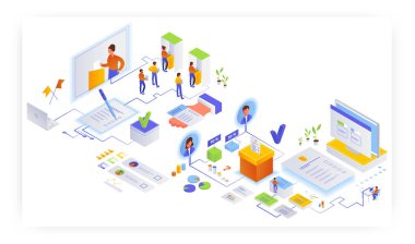 Seçim günü ve oylama, düz vektör izometrik çizim. Aday seçen seçmenler oy sandığına koyuyor.