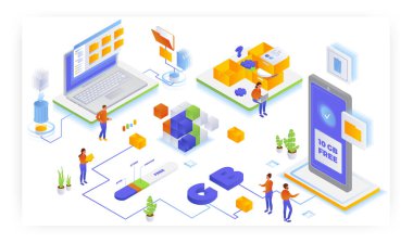 Mobil cihazlardaki depolama alanını arttır, vektör illüstrasyonunu. Ücretsiz 10GB mobil veri. Hafıza yükseltme uygulaması. Boşluk temizle.