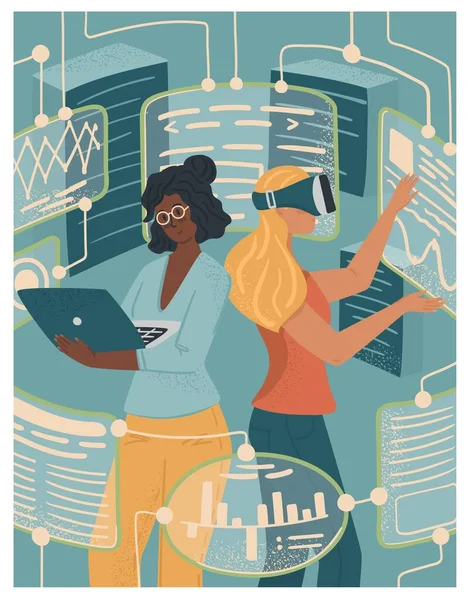 Mulher em óculos VR trabalhando com telas de realidade virtual. Engenheiras negras e brancas. Diversity and Break the science bias concept vector illustration. Mulheres em tecnologia. Tecnologias inovadoras —  Vetores de Stock