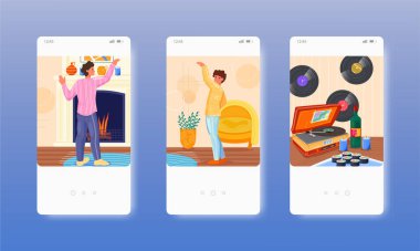 Şöminenin yanında şarap mumlarıyla romantik bir akşam. Mobil uygulama ekranları, vektör web sitesi pankart şablonu. UI, web sitesi tasarımı