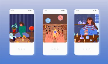 Ruh çağırma tahtası. Hayaletlerle iletişim kuran bir kadın. Mobil uygulama ekranları, vektör web sitesi pankart şablonu. UI, web sitesi tasarımı.