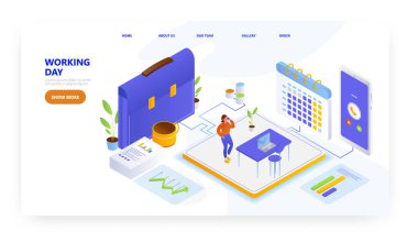 Çalışma günü, iniş sayfası tasarımı, web sitesi pankart vektör şablonu. Planlama takvimi, görev yönetimi, hatırlatıcı zaman çizelgesi