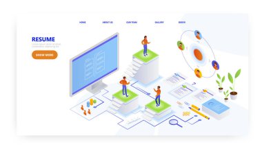 Devam et, iniş sayfası tasarımı, web sitesi pankart vektör şablonu. Çevrimiçi eleman alma, işe alım, özgeçmiş, iş.