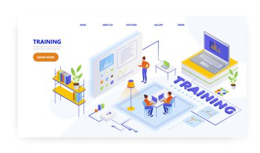 Eğitim, iniş sayfası tasarımı, web sitesi afiş vektör şablonu. Öğrenciler çevrimiçi öğreniyor. Giyin. Uzaklık eğitimi.
