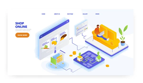 Online einkaufen, Landing Page Design, Website-Banner-Vektor-Vorlage. Lebensmitteleinkauf. Online-Bestellung, Lieferservice. — Stockvektor