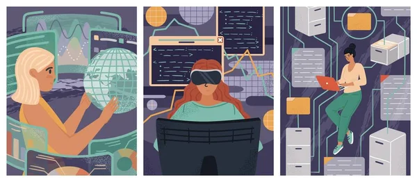 Kvinne i VR-briller som koder AI-program. Kvinnelige ingeniører og utviklere. Diversity and Break the science bias concept vektor illustration (engelsk). Kvinner i teknisk avdeling. Nyskapende teknologi og dataanalyse – stockvektor