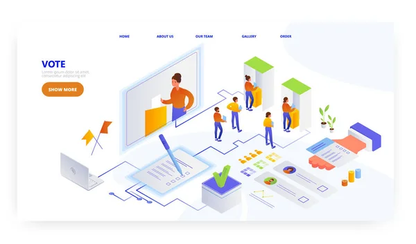 Voto, diseño de landing page, plantilla de vector de banner del sitio web. Los votantes eligen candidato. El día de las elecciones. Puesto de votación. — Archivo Imágenes Vectoriales