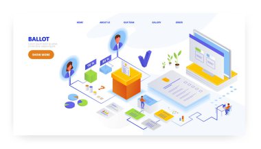 Oy sandığı, iniş sayfası tasarımı, web sitesi pankart vektör şablonu. Oy kullanma ve seçim.