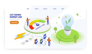 Enerji tasarrufu, iniş sayfası tasarımı, web sitesi pankart vektör şablonu. Yeşil filizli elektrik lambası, elektrik sayacı.