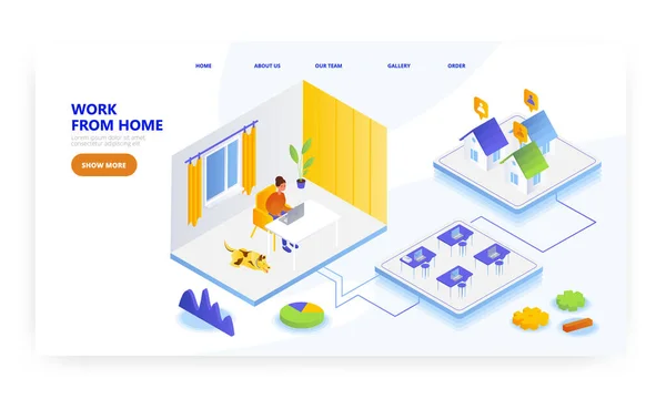Trabajo desde casa, diseño de landing page, plantilla de vector de banner web. Oficina central, trabajo remoto. Independiente. — Archivo Imágenes Vectoriales