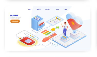 Bağışçı, iniş sayfası tasarımı, web sitesi pankart vektör şablonu. Kan bağışı, hayır işi..