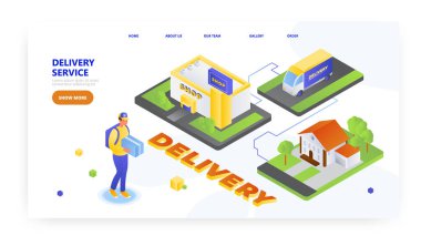 Teslimat servisi, iniş sayfası tasarımı, web sitesi pankart vektör şablonu. Kurye, müşteri evine paket teslim ediyor..