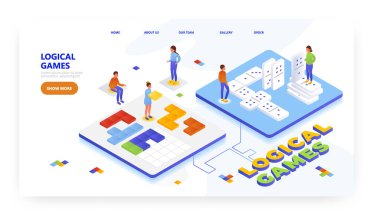 Mantık oyunları, iniş sayfası tasarımı, web sitesi pankart vektör şablonu. Çocuklar domino oynuyor, yapboz oynuyor. Okul öncesi eğitim.