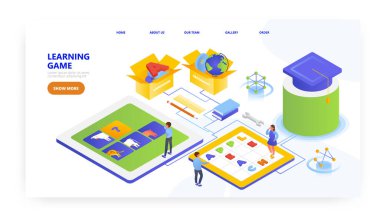 Öğrenme oyunu, iniş sayfası tasarımı, web sitesi pankart vektör şablonu. Çocuklar kelime araması bulmaca oyunları oynuyorlar.
