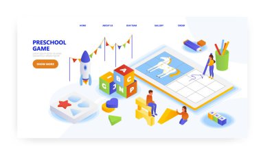 Okul öncesi oyun, iniş sayfası tasarımı, web sitesi pankart vektör şablonu. Anaokulu çocukları blok oynuyor, alfabe öğreniyor.