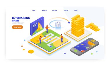 Eğlenceli oyun, iniş sayfası tasarımı, web sitesi pankart vektör şablonu. Masa oyunu oynayan insanlar. Boş zaman aktivitesi.