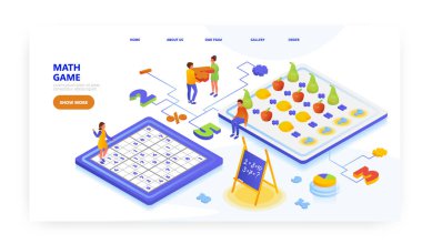 Çocuklar için matematik eğitimi oyunu, iniş sayfası tasarımı, web sitesi afiş vektör şablonu. Eğlenceli çalışma tabloları, sayı bulmacaları.