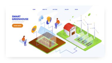 Akıllı sera, iniş sayfası tasarımı, web sitesi pankart vektör şablonu. Akıllı tarım endüstrisi, çok, uzaktan kumanda.