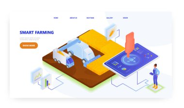 Akıllı çiftçilik, iniş sayfası tasarımı, web sitesi afiş vektör şablonu. Akıllı hasatçıyı buğday hasadı için birleştirir.