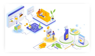 İnsanlar market alışverişi ve doğal ev temizlik ürünleri için çevrimiçi, düz vektör izometrik illüstrasyon.