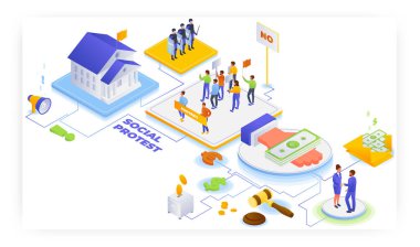 Yolsuzluk karşıtı sosyal protestolar, vektör izometrik çizimler. Pankartlı aktivistler. Rüşvete karşı sosyal hareket