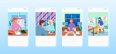 Business, partnership. Office work. Workplace. Mobile app screens, vector website banner template. UI, web site design.
