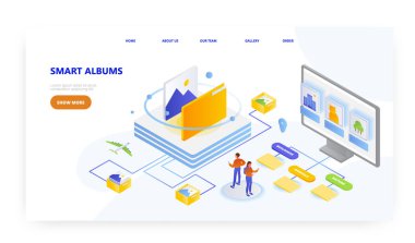 Akıllı fotoğraf albümleri, iniş sayfası tasarımı, web sitesi afiş vektör şablonu. Çevrimiçi resim galerisi.
