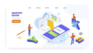 Eşitlik çözücü, iniş sayfası tasarımı, web sitesi pankart vektör şablonu. Çevrimiçi hesap makinesi, matematik çözücüsü. Okul eğitimi.