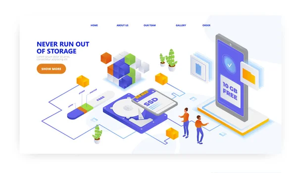 Never run out of storage, landing page design, website banner vector template. Get free 10gb data. — Διανυσματικό Αρχείο